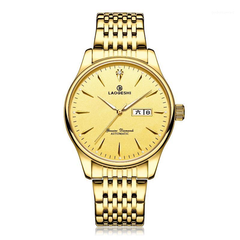

Swiss Genuine [Laogeshi] Watch Men's Automatic Mechanical Waterproof Fashion Diamond With Calendar Wristwatches, Golden black noodles