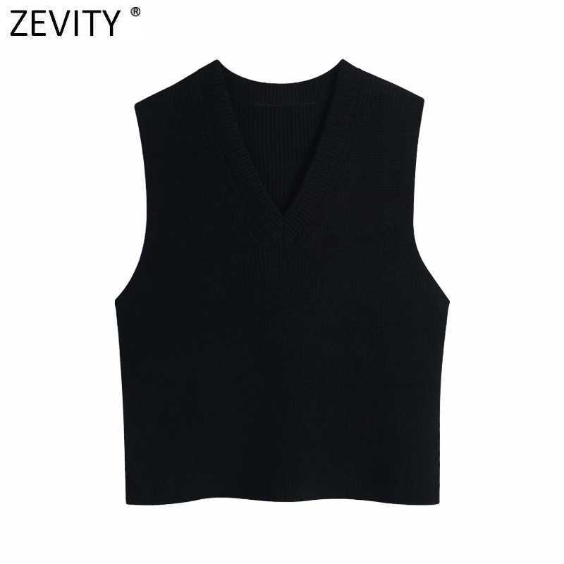 

Zevity Women Fashion V Neck Black Color Knitting Sweater Female Chic Sleeveless Vest Casual Slim Pullovers Tops S582 210603, As pic s582bb