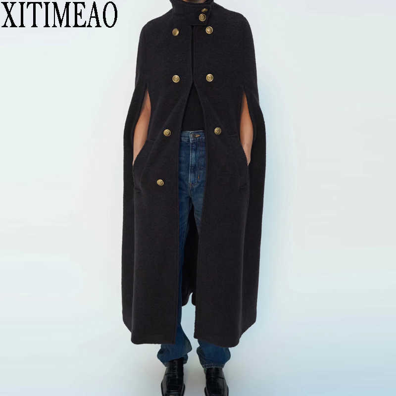 

ZA Women Retro Style Button Decoration Long Bat Cape Woolen Coats Autumn Winter Loose Coat Female Fashion Black Outerwear 210602