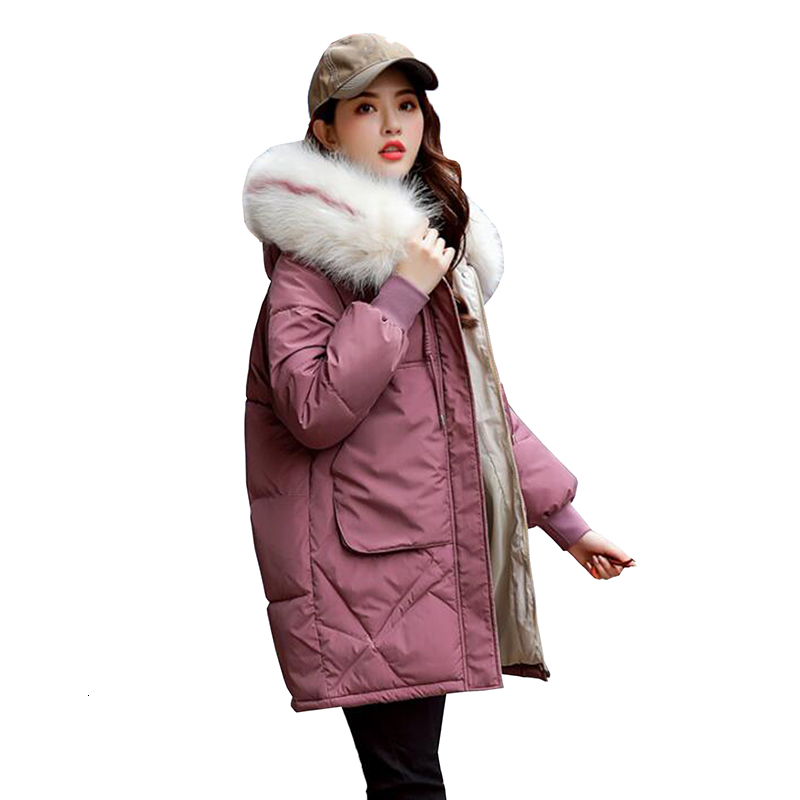 

down Winter jacket parkas Fashion Fur collar Hooded Down Cotton-padded Jackets Loose Plus size Women Thick warm Coat, Black