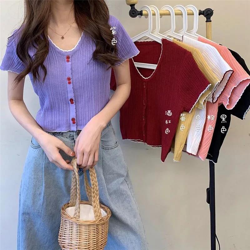 

EBAIHUI Women's T-shirt Short Knitted Shirt Summer Short Sleeve Ladies Crop Tops Fashion Streetwear 2021 New Women Clothing, Purple