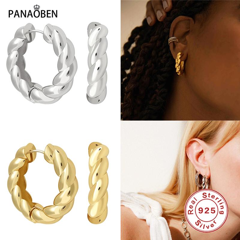 

Hoop & Huggie PANAOBEN 925 Sterling Silver Punk Earring For Women Trendy Twist Pattern Round Circle Fine Jewerly Orecchini Donna