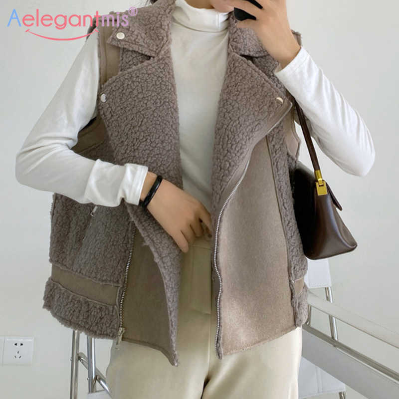 

Aelegantmis Faux Suede Lamb Wool Vest Women Patchwork Loose Motorcycle Waistcoat Coats Vintage Casual Korean Sleeveless Jacket 210607, Gray
