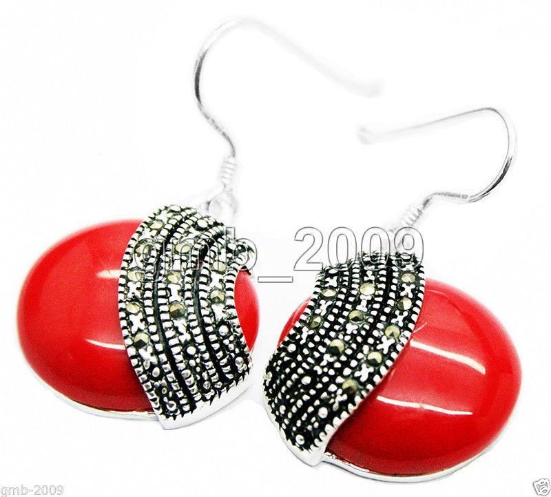 

Dangle & Chandelier Fashion 925 Sterling Silver 18*18mm Red Coral Coin Marcasite Earrings