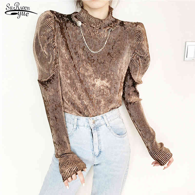 

Casual Solid Vintage Long Sleeve Shirt Cool Corduroy Loose Blouses Women Short Pleated Ladies Tops and 12331 210521, Black