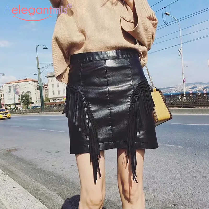 

Aelegantmis Fashion Tassel Pu Leather Skirts Women High Waist Sexy Package Hip Female Elegant A-Line Mini Short 210607, Black