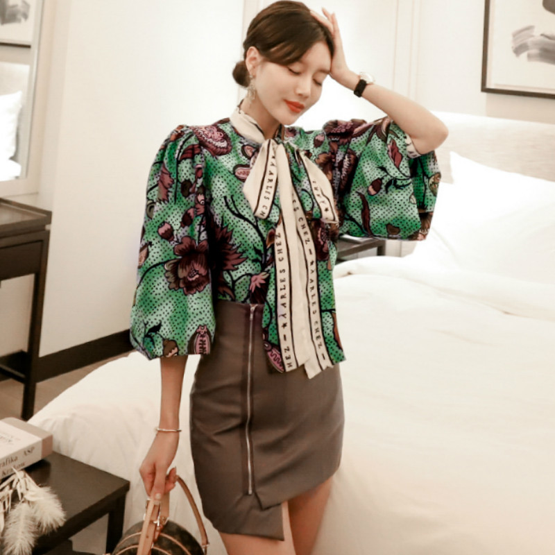 

Spring Flower Print Bowknot Half Lantern Sleeve Loose Blouse Mini Bodycon Skirt Irregular Two Pieces Women's Sets Dress, Black;gray
