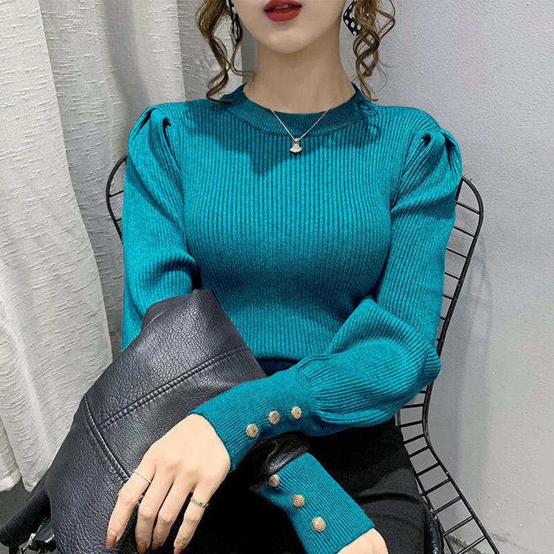 

Women' Sweaters 2021 Autumn Women Jumper Simple Solid O-neck Knit Pullovers Sleeve Button Design Slim All-match Tops, Black