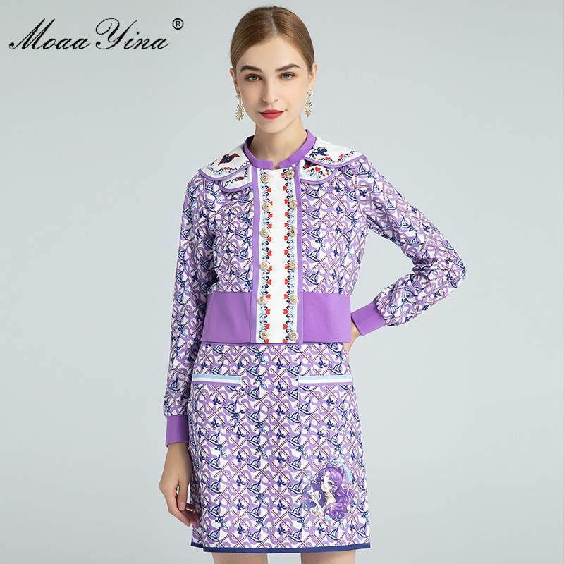 

Fashion Set Spring Women's Long sleeve Double breasted Short Tops+Cartoon beauty girl Print Skirt Two-piece set 210524, Fuchsia