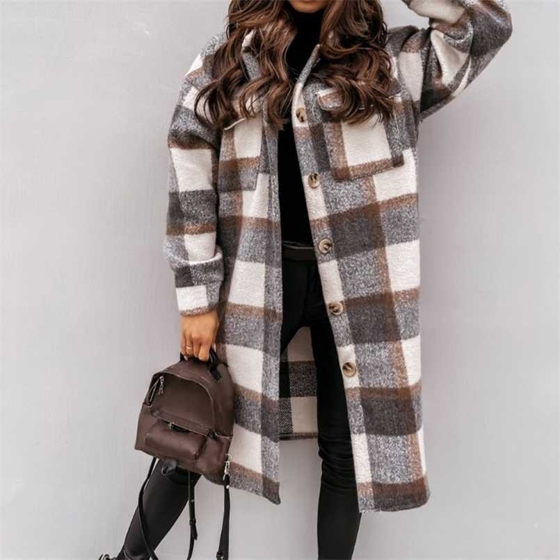 Winter Checked Women Jacket Turn Down Overcoat Thin Plaid Long Coat Oversize Thin Retro Female Streetwear Shirt Jacket 211104