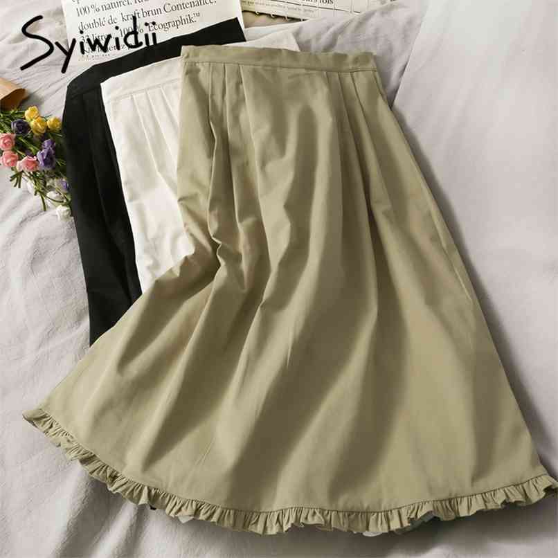 

Ruffles Spliced Skirt Women High Waist Mid-Calf Casual Solid White Pleated Spring Summer Korean Fashion Skirts 210607, Khaki