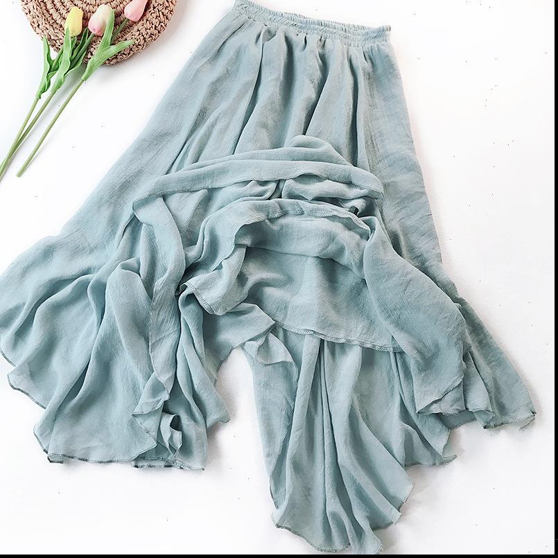 

cotton linen maxi spring women skirts summer elastic waist vintage solid irregular long mori girl boho beach, Black