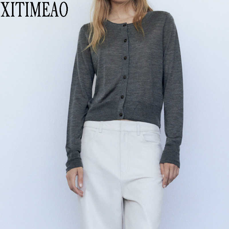 

ZA Vintage Stylish Simple Solid Color Cardigan Sweater Women Fashion Autumn Warm Long Sleeve Outerwear Chic Tops 210602, Dark grey