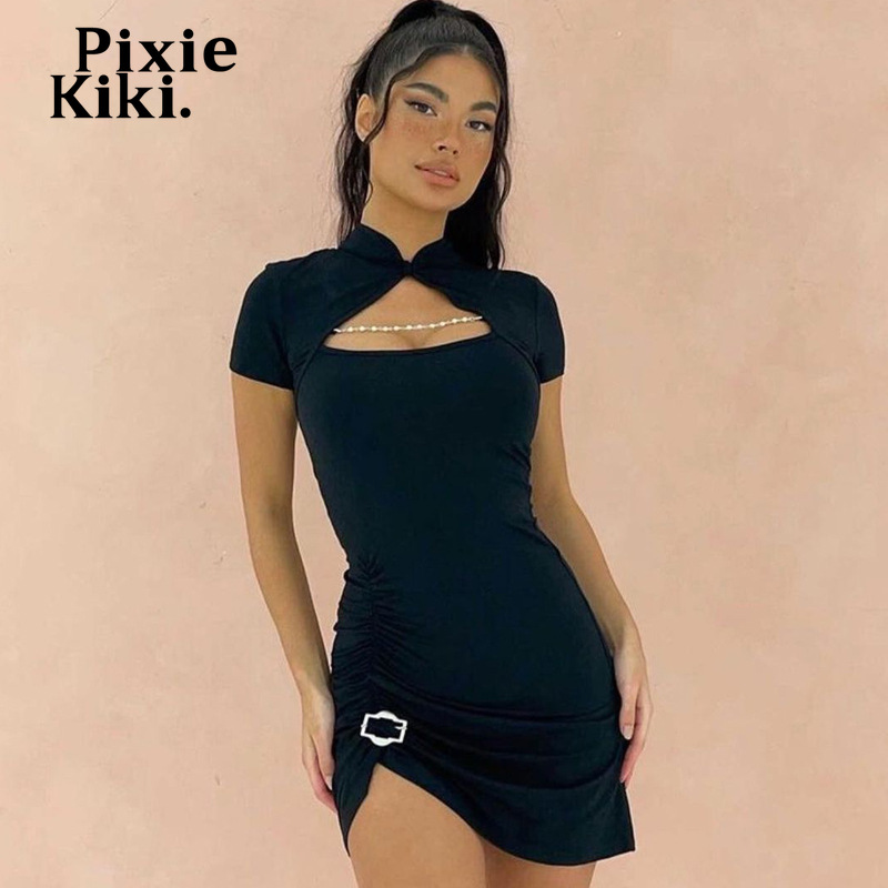 Sexy Chic Summer Dresses for Women 2021 Black Cut Out Short Sleeve Bodycon Dress Streetwear Retro Mini Dress P94-BH15-image-691180498