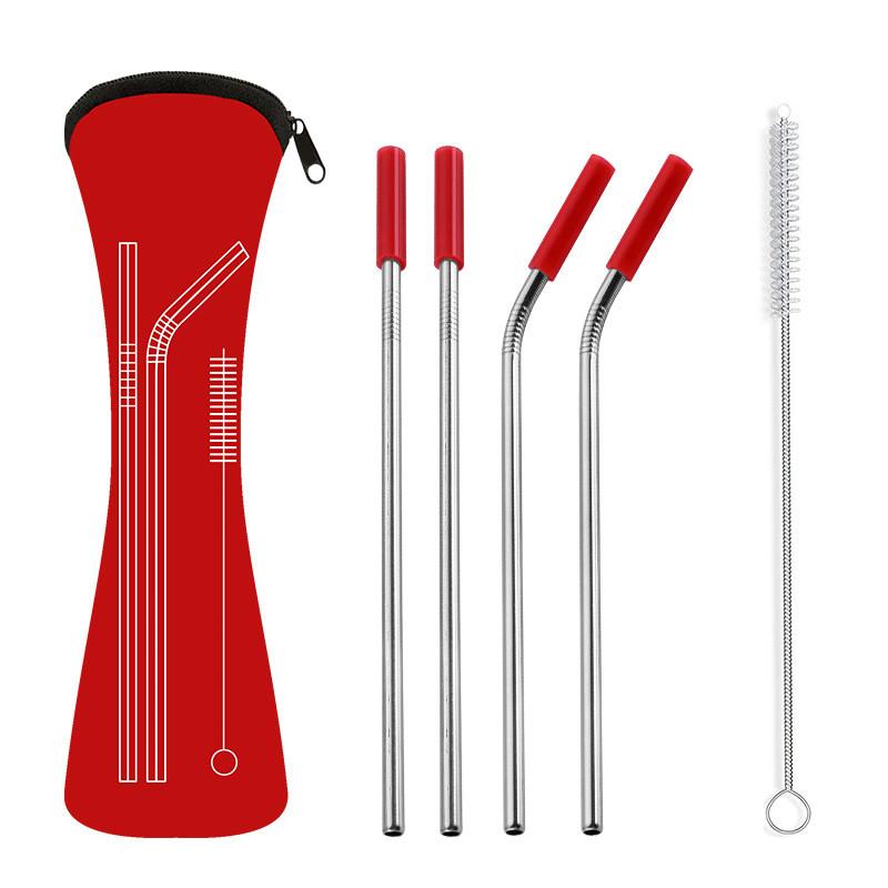 

6Pcs/set Reusable Stainless Steel Straight Bent Drinking Straws with Silicone Tips for Cold Beverage Drink Bar Tools
