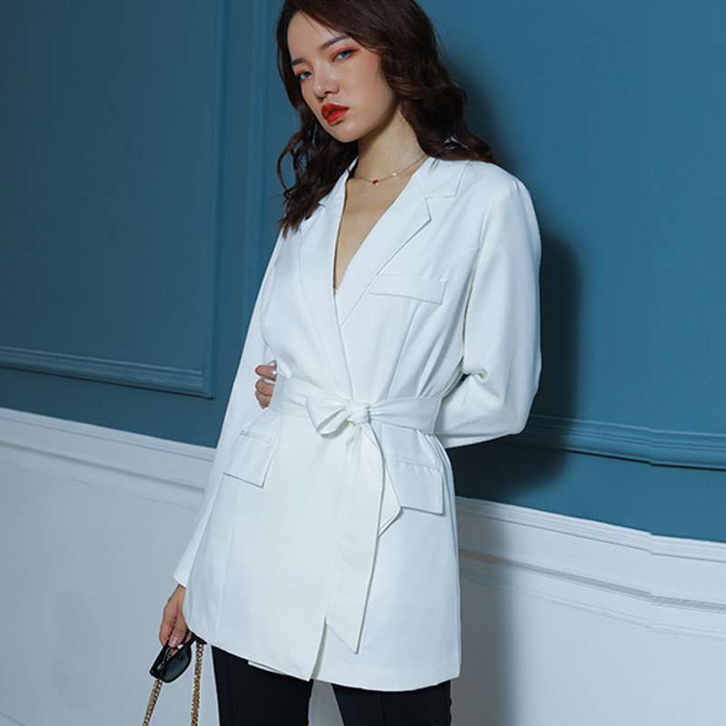 

Women's Formal Blazer Coat Notched Sashes Office Ladies Jackets Dress Female Solid Autumn Elegant Slim Blazers Outerwear 210524, White
