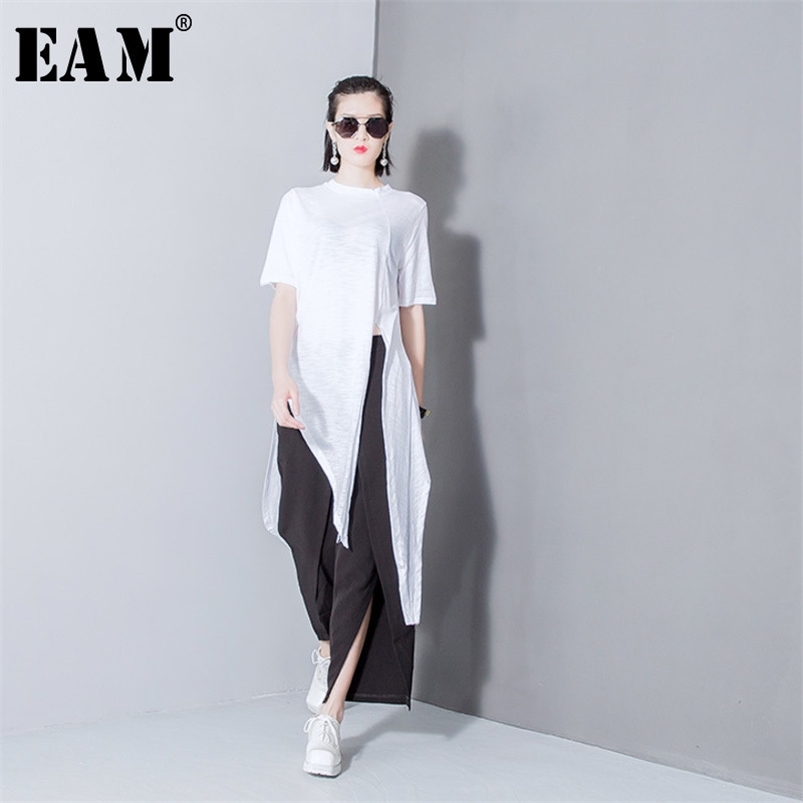 

[EAM] Women White Solid Color Asymmetrical Vent Long T-shirt Round Neck Short Sleeve Fashion Spring Summer T298 210722