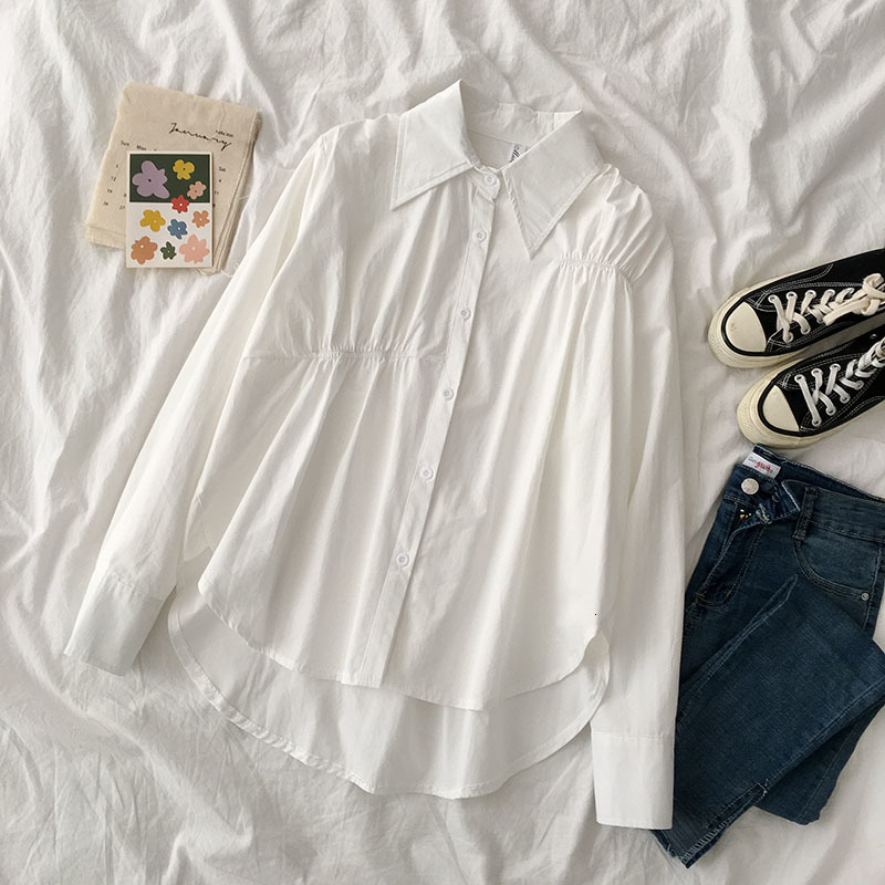 

Women's Tanks & Camis Womens Korean Style High Low White Design Cotton Casual Loose Long Sleeve Shirt Blouses HSDN