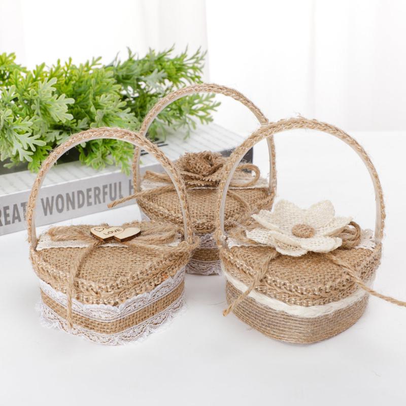 

Jewelry Pouches, Bags Valentine's Day Flower Basket Ring Box Romantic Burlap Bow Wedding Storage Holder Handmade Organizer Case, Pink;blue
