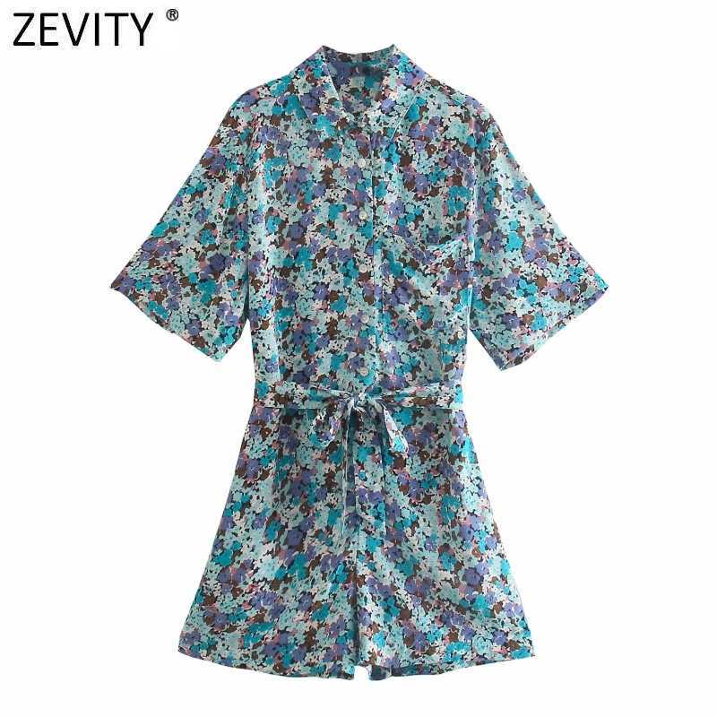 

Zevity Women Vintage Pockets Patch Floral Pirnt Bow Sashes Playsuits Female Shorts Siamese Chic Casual Slim Rompers P1131 210603, As pic p1131o