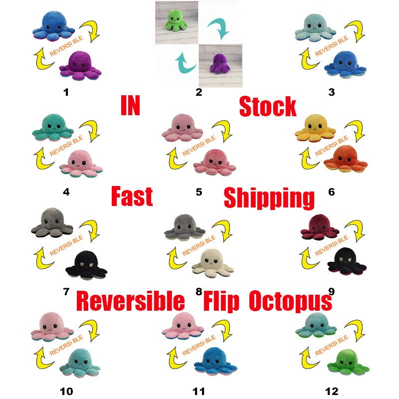 

New Reversible Flip Octopus Stuffed Doll Party Soft Double-Sided Expression Plush Toy Baby Kids Gift Dolls Wedding Festival Supplies