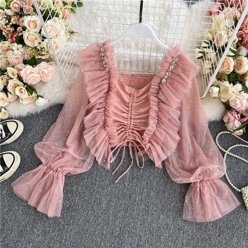 

Summer Women Elegant Chiffon Shirt Female Stylish Flounce Top Solid Color V-Neck Sun protection long-sleeved fairy Blouse 210601, Pink