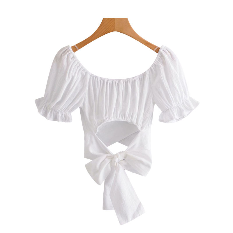 

Women Sexy Fashion Pleated Cropped Blouses Vintage Slash Neck Backless Bow Tied Female Shirts Blusas Chic Tops 210521, As picture