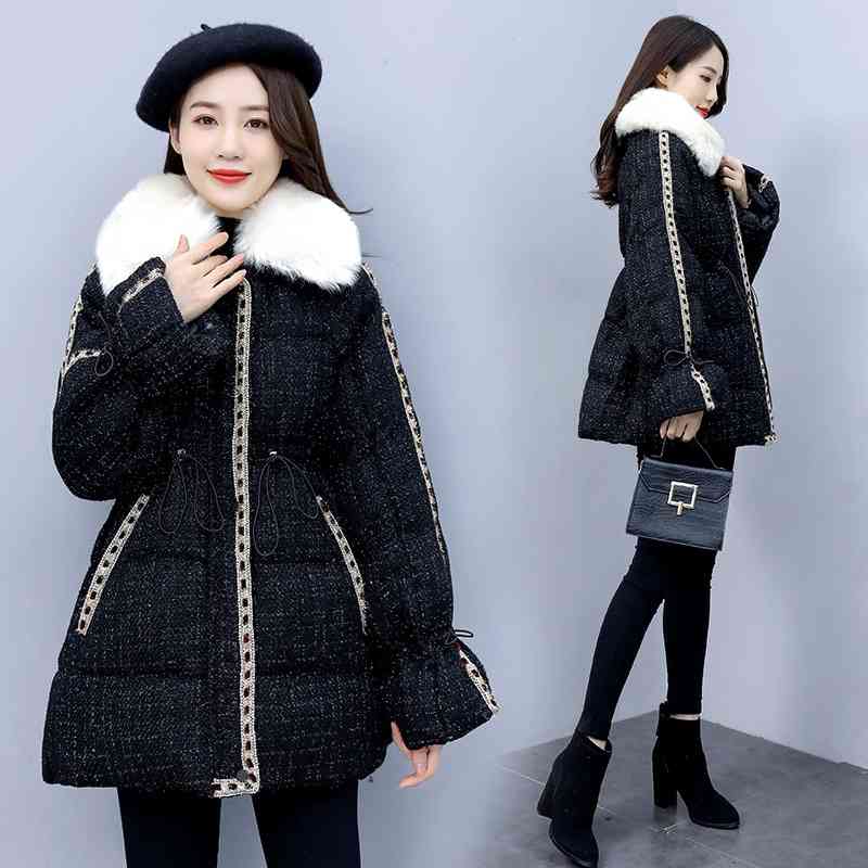 

Chaopai down padded women's 2020 winter new foreign style loose thickened bread clothes waist closing wool collar cotton, Black