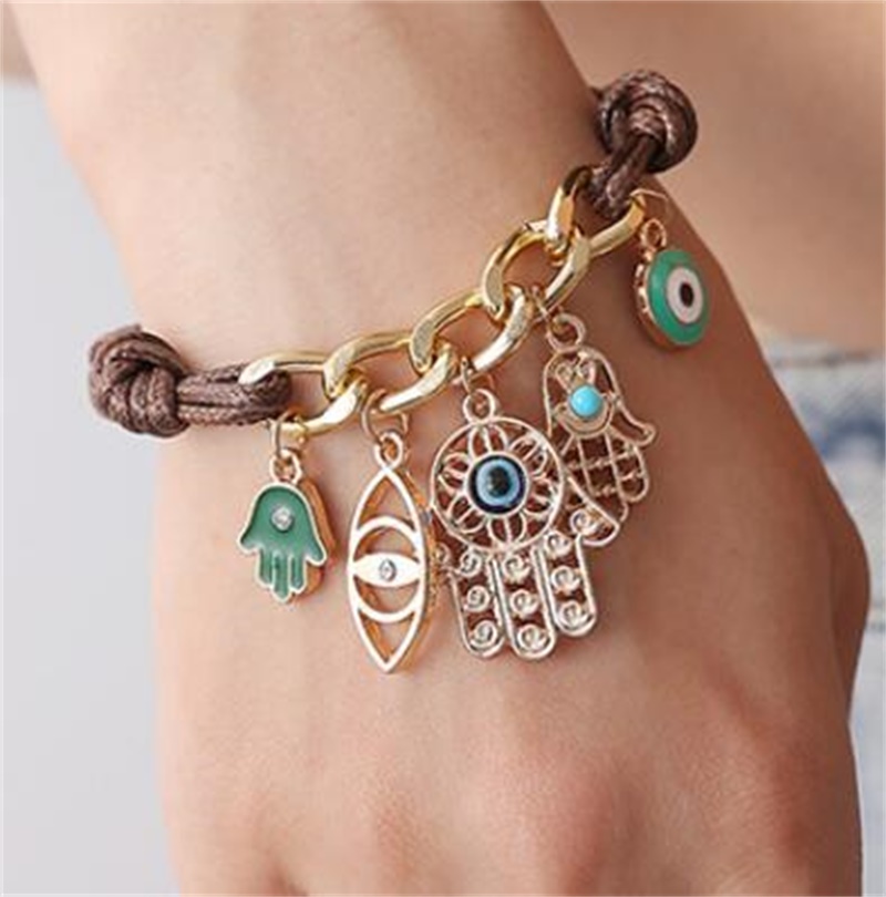 

Fashion Fatima's Hand Hamsa Bracelet Evil Eye Bracelet for Women Leather Pendant Knit Link For Women Arm Fatima #2892431 133 W2, Golden;silver