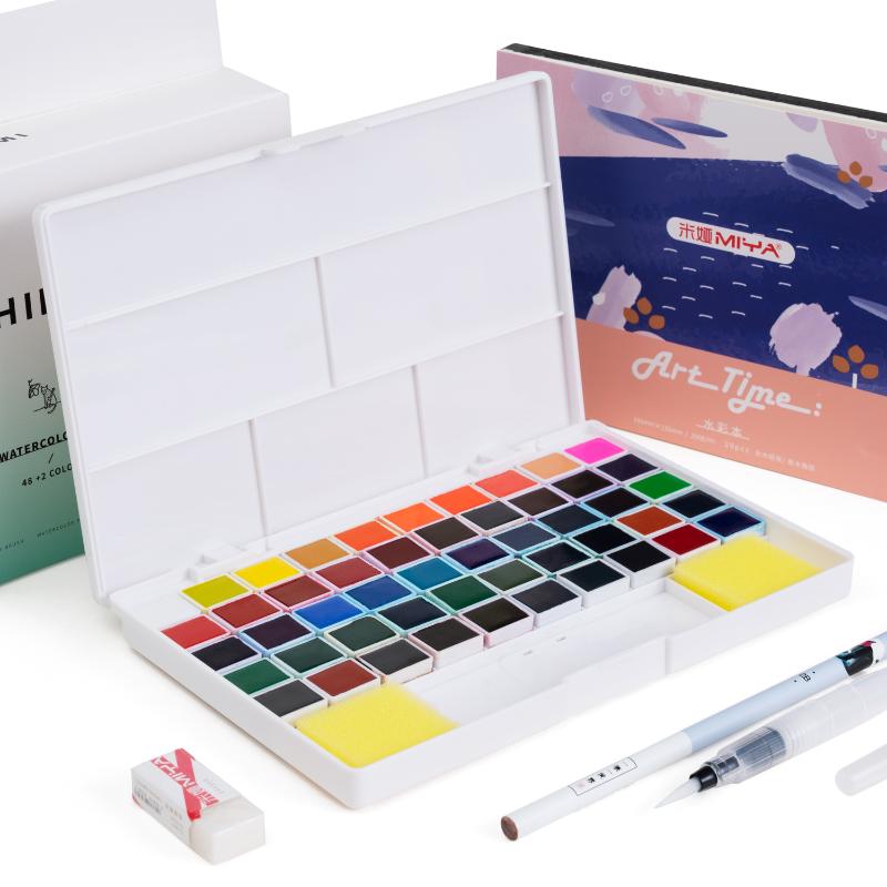

Gift Sets HIMI Watercolor Palette Set With Bonus Paper Pad Includes 50 Premium Colors -1 Refillable Water Blending Brush Pens+1 Pencil Wit