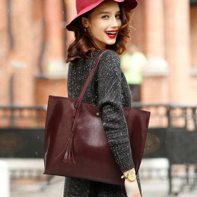 

Women'S Soft Leather Tote Shoulder Bag From Tassel Handbag(Red Wine) 2021 Bags