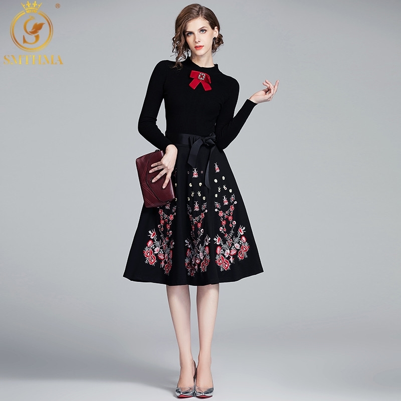 

Fashion Women Long Sleeve Sweater Patchwork Dress Sexy Casual Autumn Winter O-Neck Embroidery Knitted 210520, Photo color