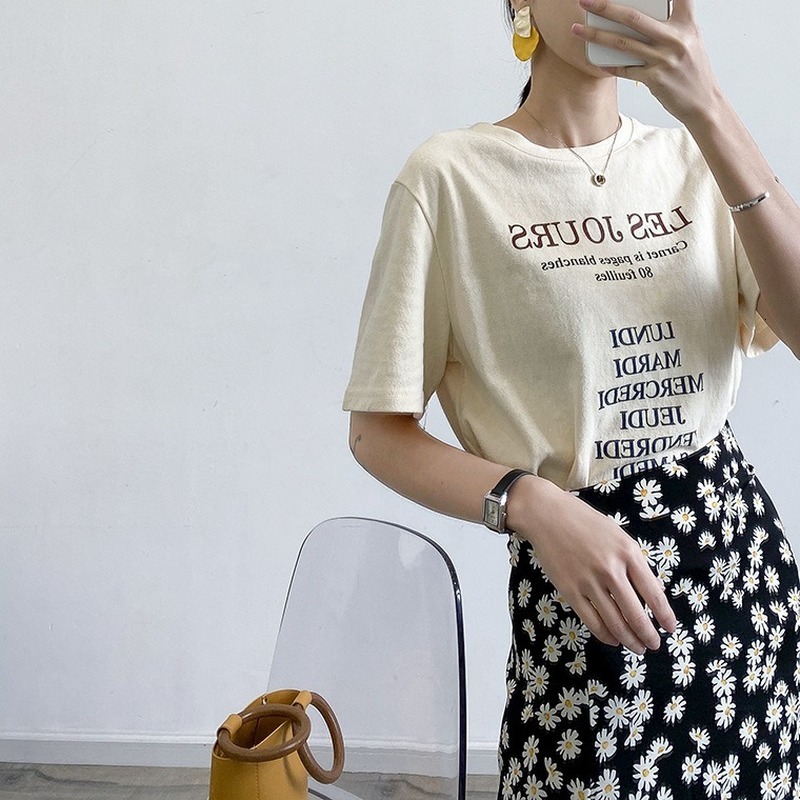 

Women's T-Shirt 2021 summer Korean fashion the-neck letters short manga shirt casual cotton female tops, Blue