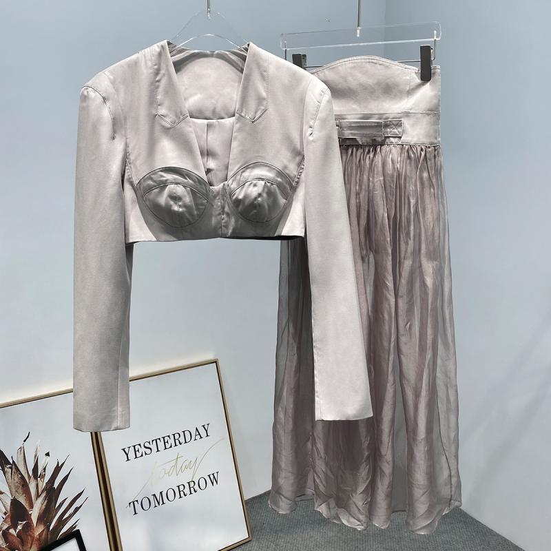 

Two Piece Dress Runway Designer Luxury Women Sexy 3D Crop Jacket + High Waist Stitching See-through Mesh Midi Skirt Set Clothing F4HZ