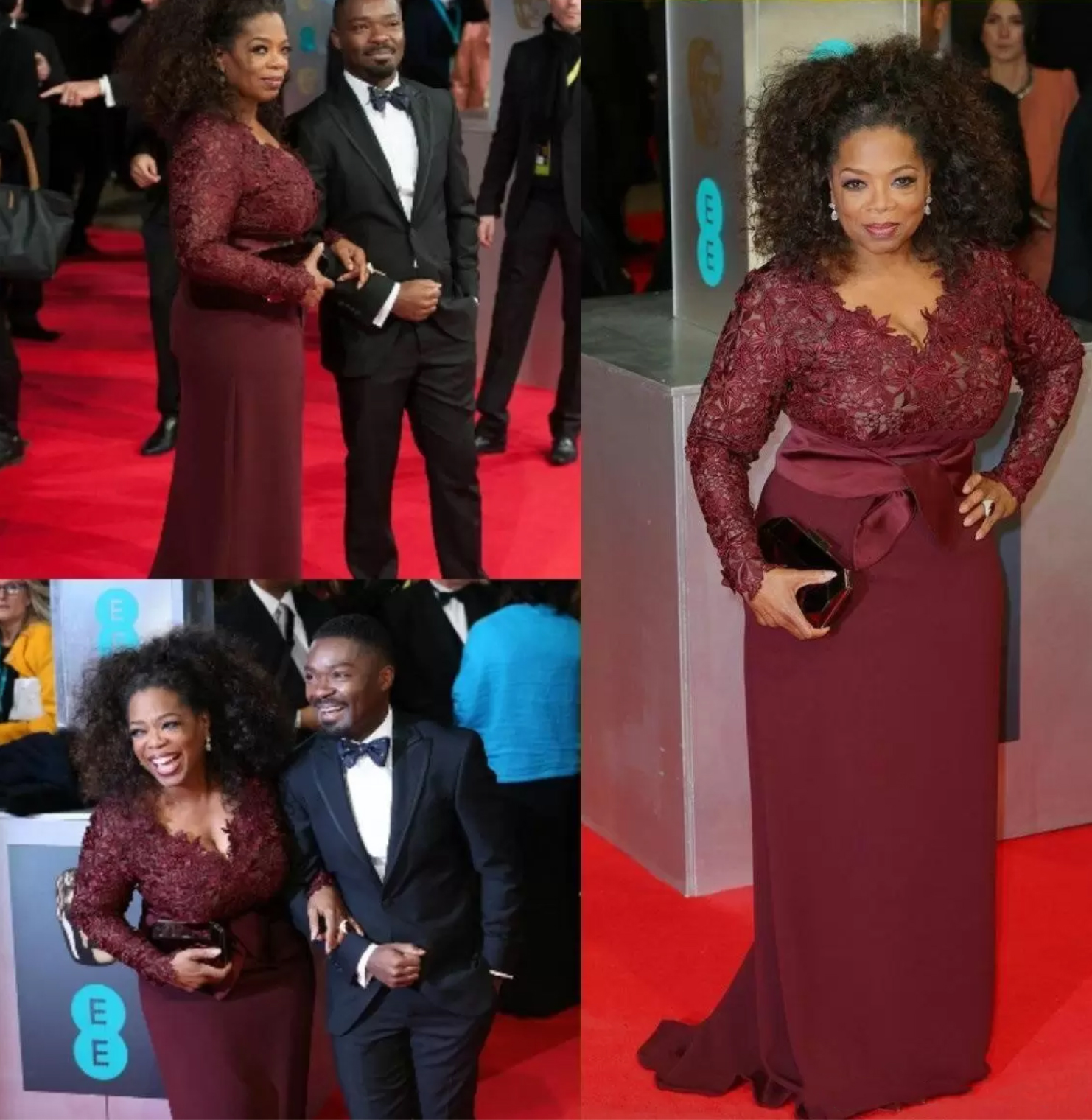 

Mew Oprah Winfrey Burgundy Long Sleeves Sexy Mother of the Bride Dresses V-Neck Sheer Lace Sheath Plus Size Celebrity Red Carpet Gowns