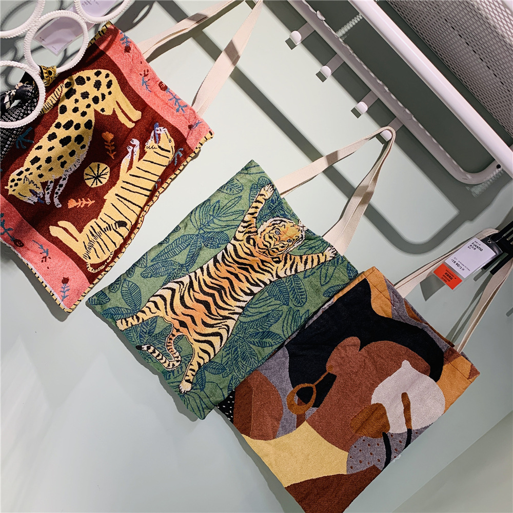 

Iustration Canvas Bag Jacquard Shopping Bag Creative Eco Bag Ins Tote 35X45cm Tote Bags for Women Cute Side