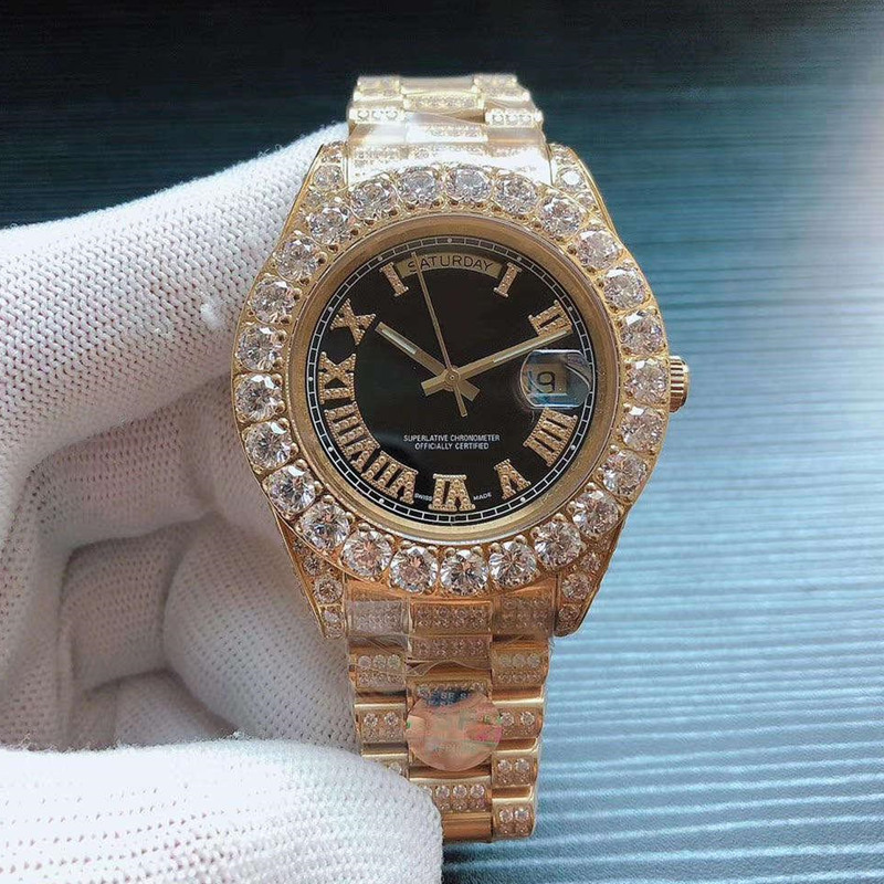 

Top Quality Luxury Mens Watches Diamond Dual Calendar 18K Gold Stainless Steel Sapphire Glass Automatic Movement Watch 45mm, Ordinary box