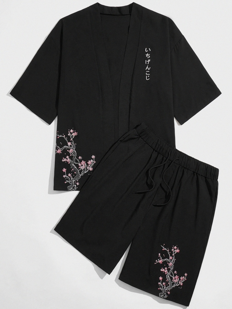 

Men Floral & Japanese Letter Graphic Kimono & Drawstring Waist Shorts e1N8#, Black