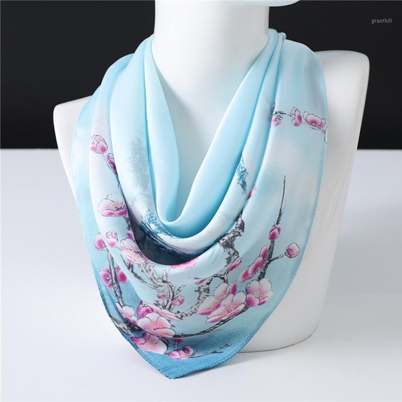 

Scarves 2021 70*70 Floral Print Square Female Elegant Silk Neck Scarf Fashion Foulard Bandana Women Hair Accessories, Blue;gray