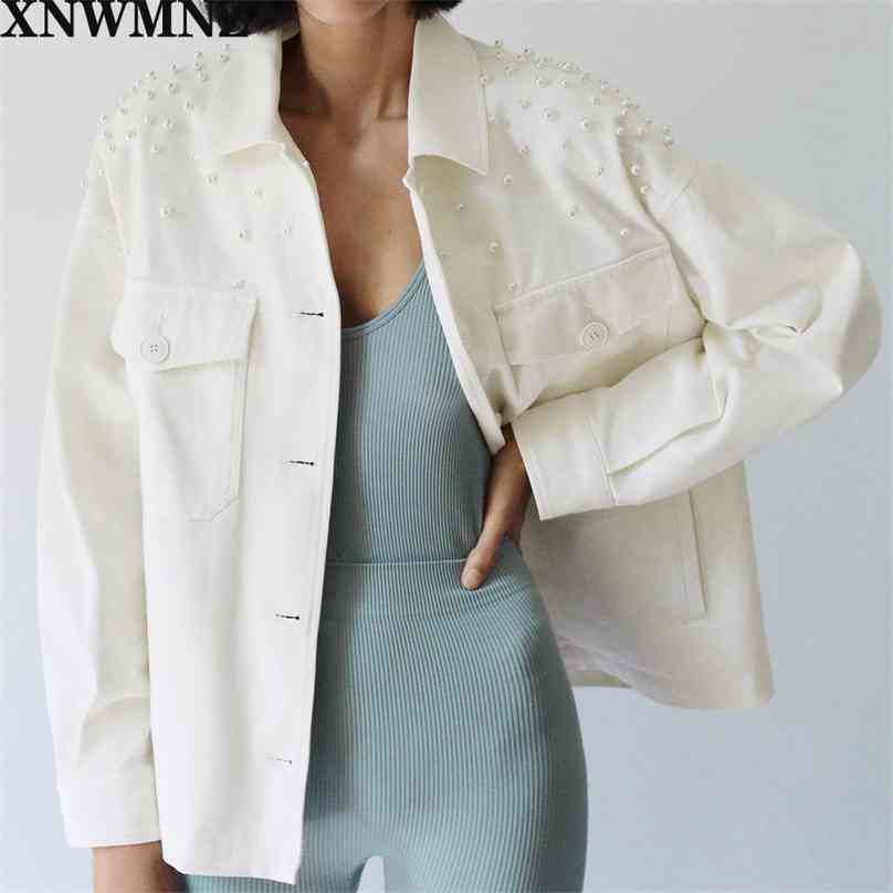

Casual Turn Down Collar Jackets Women Fashion Artificial Pearl White Coats Elegant Pockets Female Ladies 210520, Ivory