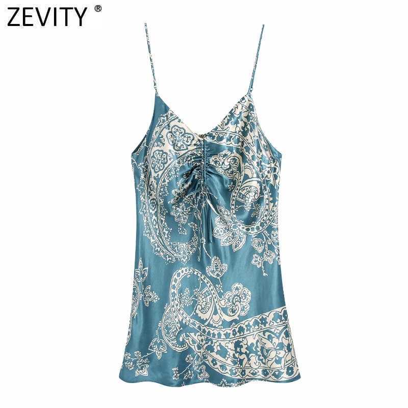 

Zevity Women Vintage Totem Floral Print Casual Sling Mini Dress Female Chic Spaghetti Strap Lace Up Summer Inner Vestidos DS8378 210603, As pic ds8378bb