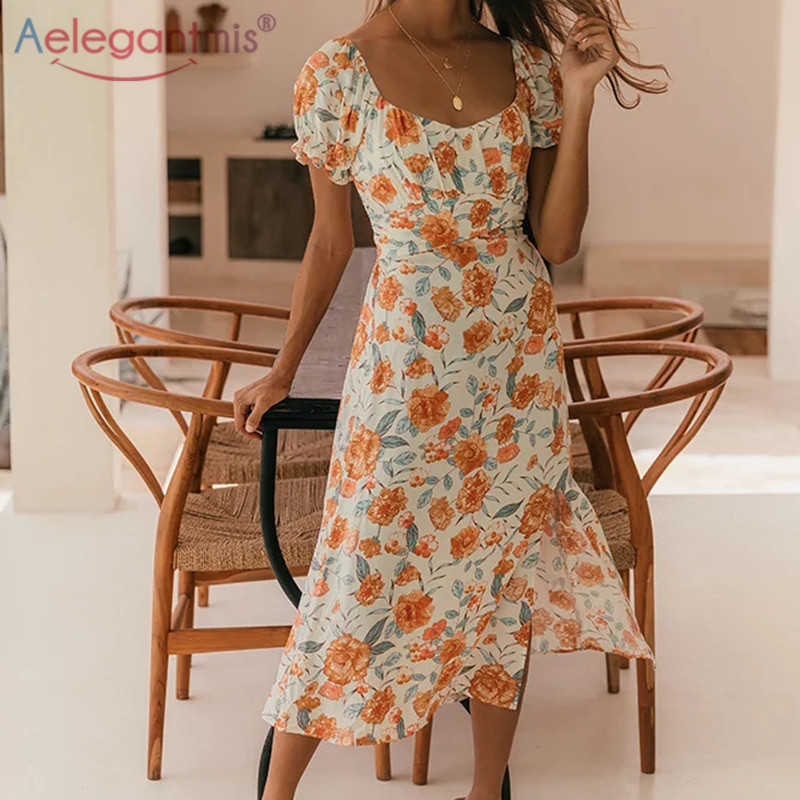 

Aelegantmis Korean Fashion Chic Print Beach Dress Women Sexy Long Dresses Female Short Sleeve Summer Bohemian Vestidos Mujer 210607, As shown