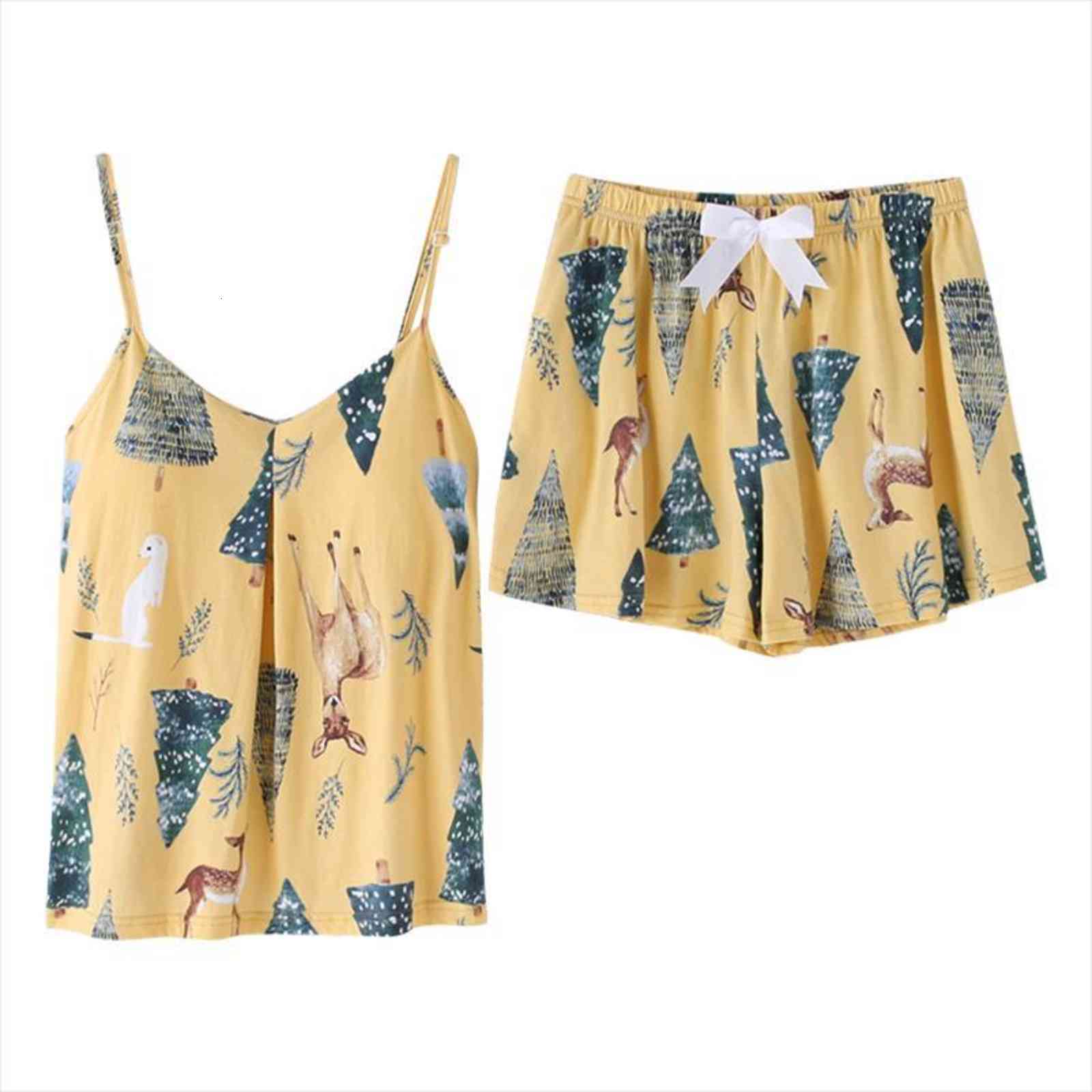 

Yellow Cotton Pajamas Set Womens Sleepwears Flora And Animal Cartoon Pattern Pyjamas Summer V Neck Comfortable Big Size Sling Suit, Black;red