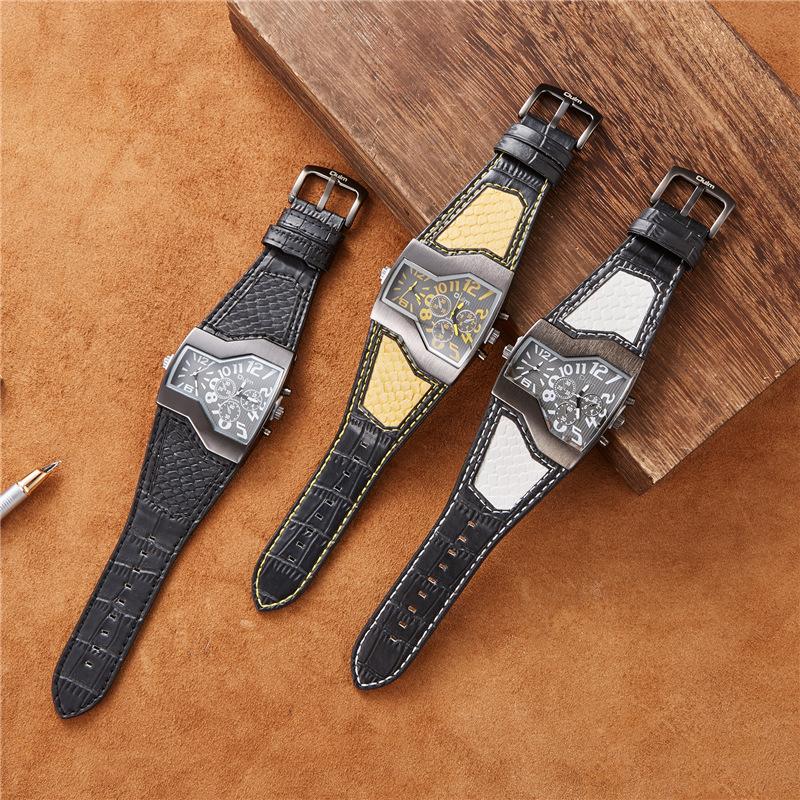 

Wristwatches Oulm 1220 Unique Dragon Texture Design Men Two Time Zone Quartz Clock Male Sport Watch Leather Strap Watches, Red