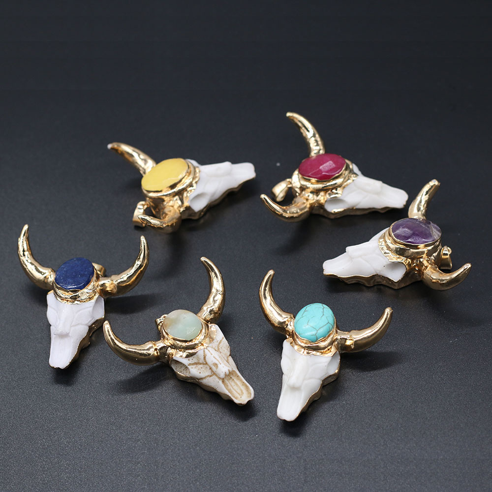 

Gold OX Cow bones Head Shape Quartz Healing Reiki Stone Charms Crystal Pendant Finding for DIY Necklaces Women Fashion Jewelry 46x46mm