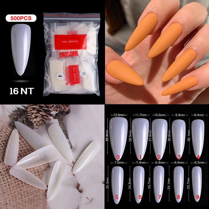 

False Nails 500pcs Fake Transparent Stiletto Full Cover Fingernail French Nail Tips Art Long Shape Half Coffin, Red;gold