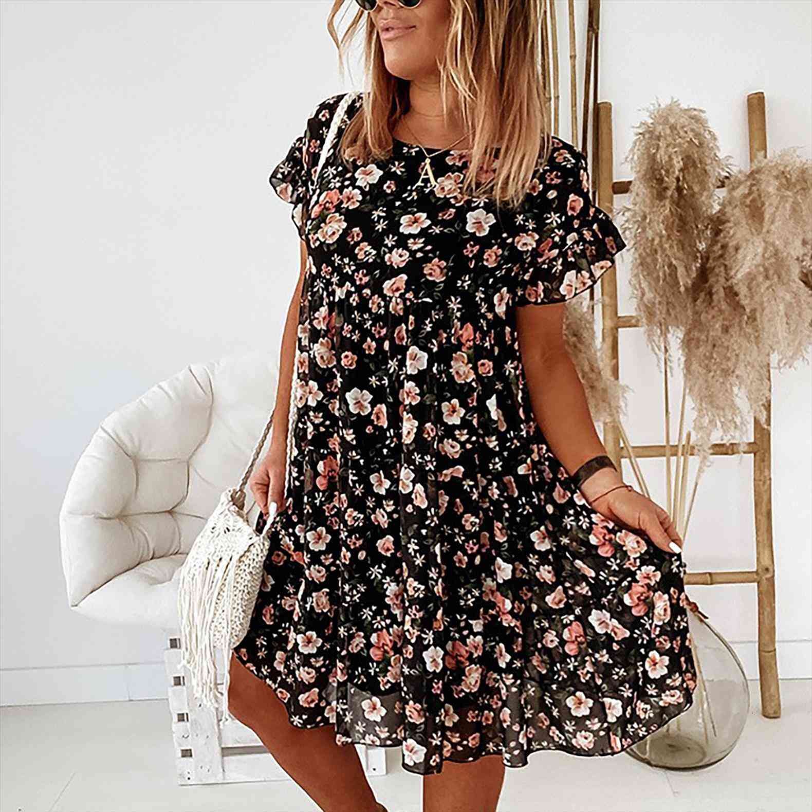 

summer o neck beach women dress floral print ruffles casual wholesale, Black;gray