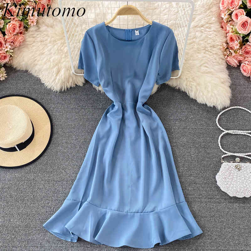 

Kimutomo Solid Chic Dress Women Korean Fashion Clothing Office Lady Round Neck Short Sleeve High Waist Vestido Elegant 210521, Red