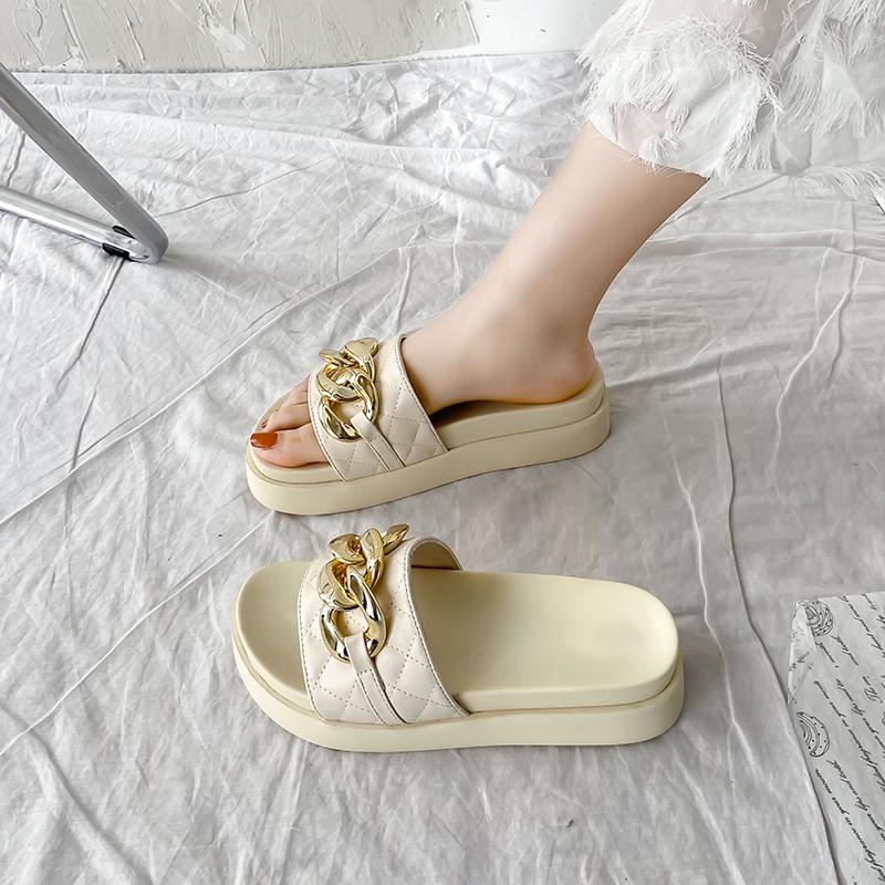 

House Slippers Platform Female Shoes Luxury Slides Med 2021 Summer Designer Flat Rubber Buckle Strap Fabric PU Fashion Wom, Black