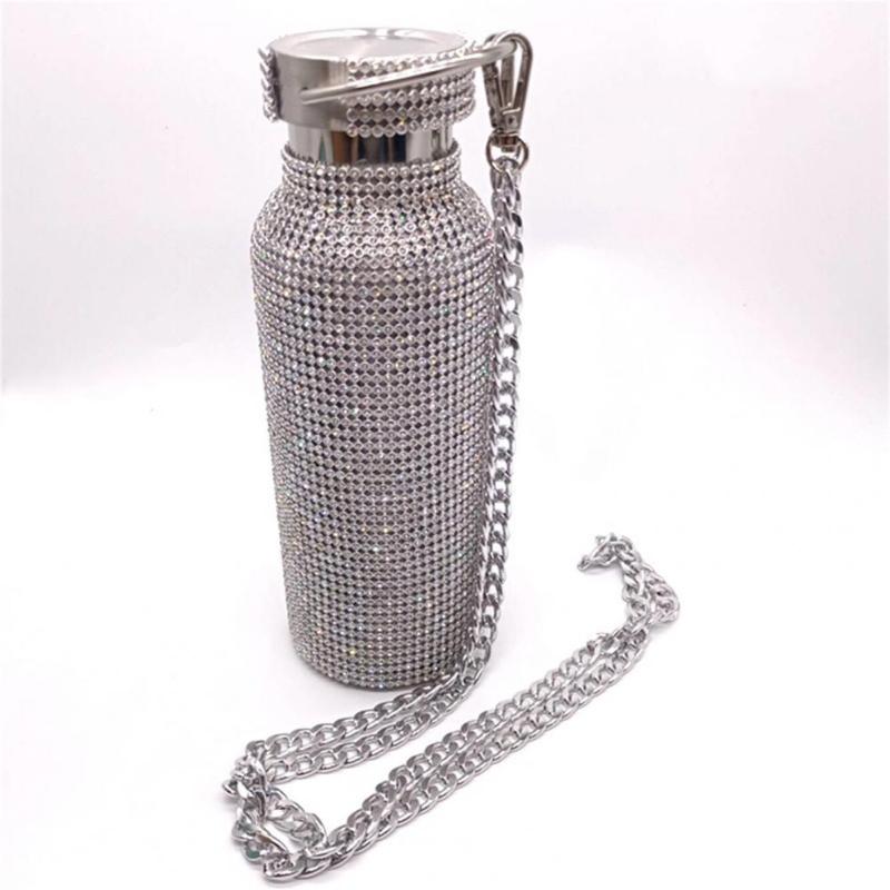 

Water Bottles Creative Diamond Bottle Tumbler Glitter Stainless Steel Bling Fake Rhinestone Thermal For Gift Men Women, White